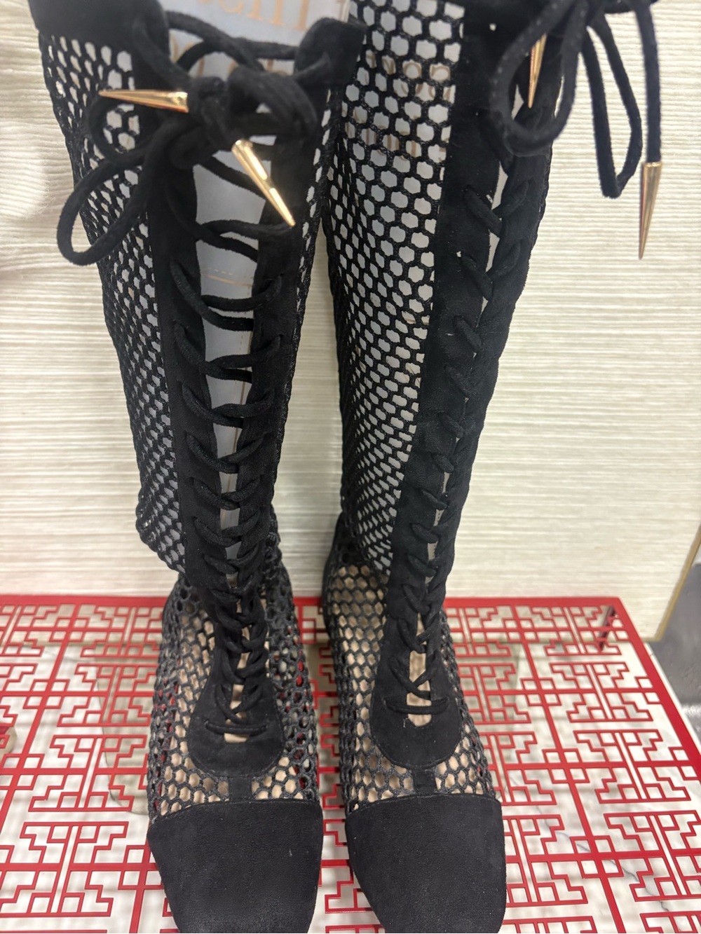 Black Lace-Up Fishnet Knee-High Heels